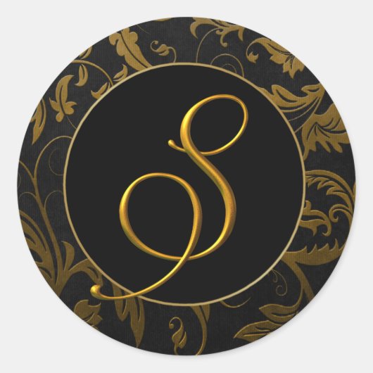 Monogram S Goud en Zwart Damast Bruiloft Seal Ronde Sticker (Voorkant)