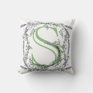 Monogram S, lavender Eucalyptus waterverf floraal Kussen