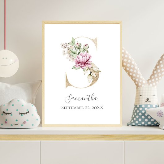 Monogram S Roze Witte Bloem Gouden Letter Kinderka Poster