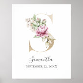 Monogram S Roze witte Floral Gold Letter Neursery Poster (Voorkant)