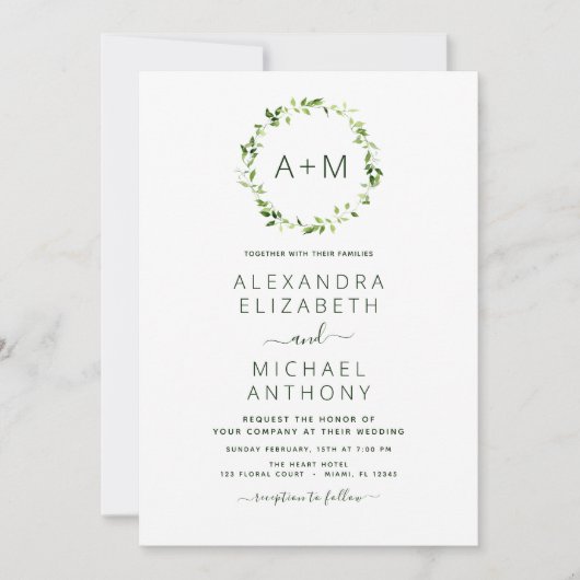 Monogram Sage Emerald Green Floral Wedding Kaart (Voorkant)