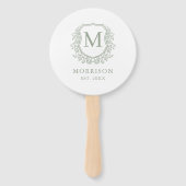 Monogram Sage Green Crest Botanische bruiloft Handwaaier (Achterkant)