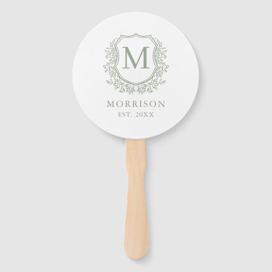 Monogram Sage Green Crest Botanische bruiloft Handwaaier (Achterkant)