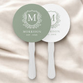 Monogram Sage Green Crest Botanische bruiloft Handwaaier