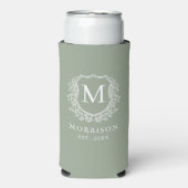 Monogram Sage Green Crest Botanische bruiloft Seltzer Blikjeskoeler (Seltzer Voorkant)