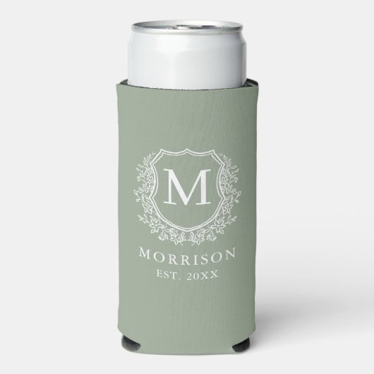 Monogram Sage Green Crest Botanische bruiloft Seltzer Blikjeskoeler (Seltzer Voorkant)