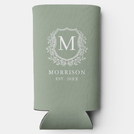 Monogram Sage Green Crest Botanische bruiloft Seltzer Blikjeskoeler (Achterkant)
