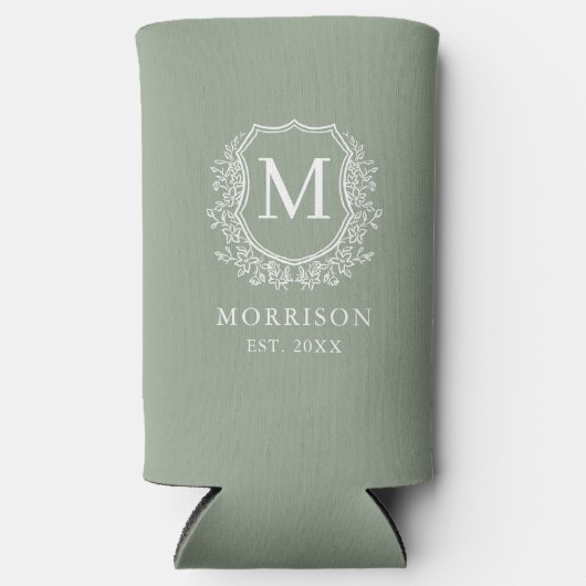 Monogram Sage Green Crest Botanische bruiloft Seltzer Blikjeskoeler (Voorkant)
