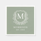 Monogram Sage Green Crest Botanische bruiloft Servet (Voorkant)