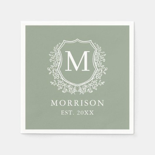 Monogram Sage Green Crest Botanische bruiloft Servet (Voorkant)