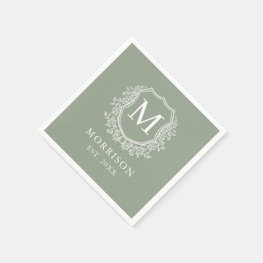 Monogram Sage Green Crest Botanische bruiloft Servet (Hoek)