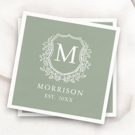 Monogram Sage Green Crest Botanische bruiloft Servet