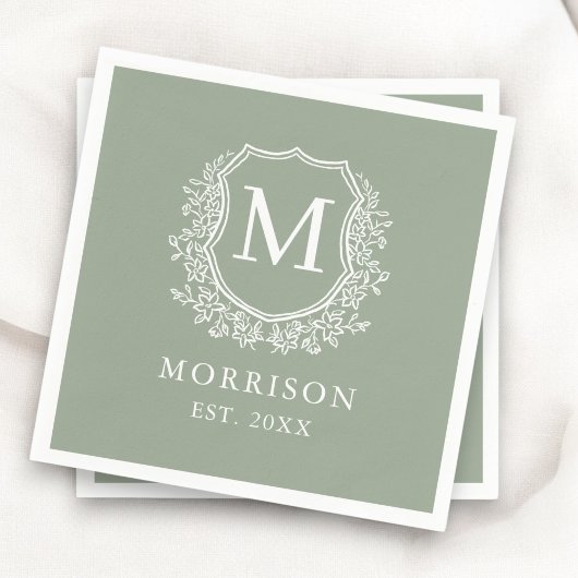 Monogram Sage Green Crest Botanische bruiloft Servet