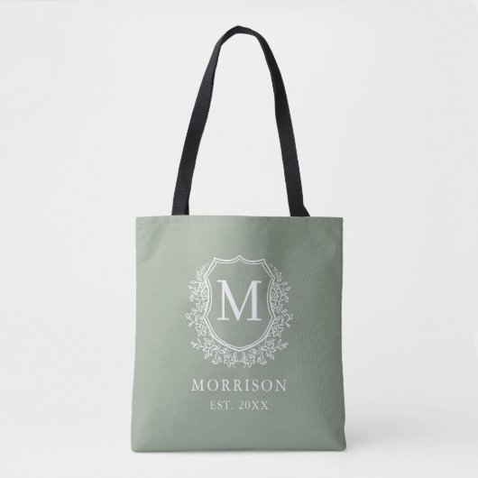 Monogram Sage Green Crest Botanische bruiloft Tote Bag (Voorkant)