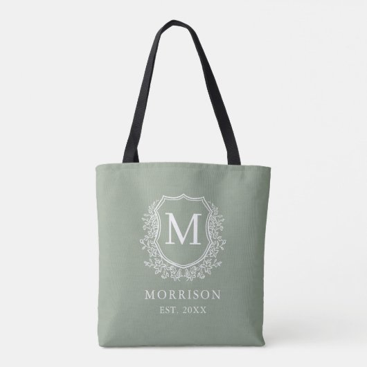 Monogram Sage Green Crest Botanische bruiloft Tote Bag (Achterkant)