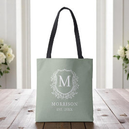 Monogram Sage Green Crest Botanische bruiloft Tote Bag