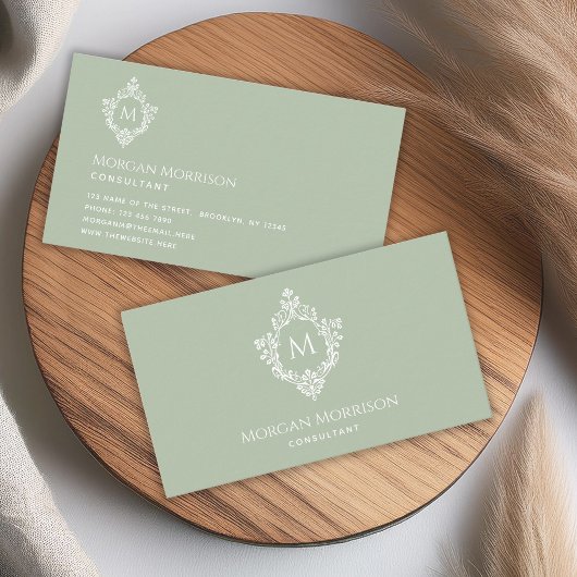 Monogram Sage Green Elegant   Crest Visitekaartje