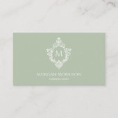 Monogram Sage Green Elegant   Crest Visitekaartje (Voorkant)