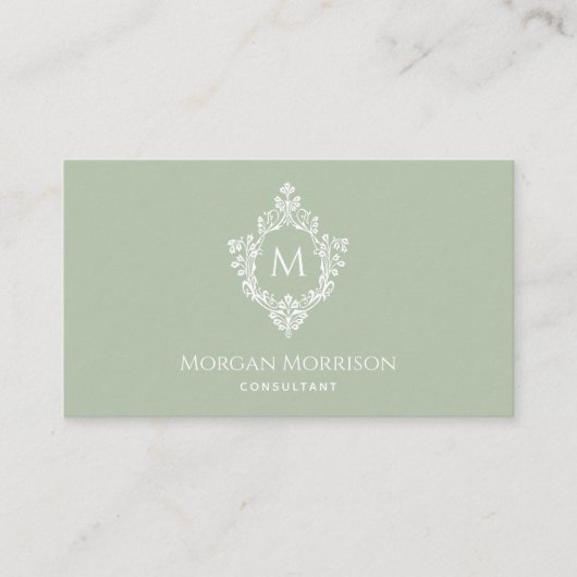 Monogram Sage Green Elegant   Crest Visitekaartje (Voorkant)