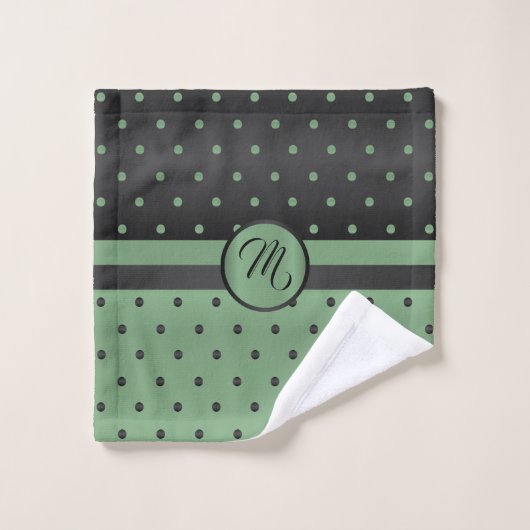 Monogram Sage Green en Black Polka Dot Pattern Bad Handdoek (Wasdoekje)