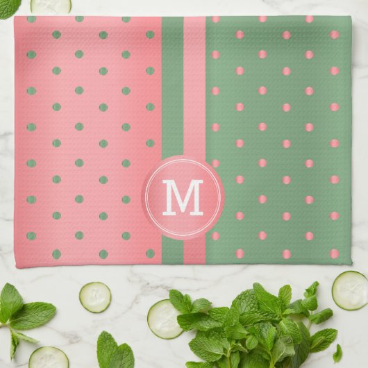 Monogram Sage Green en Coral Polka Dot Theedoek (Gevouwen)