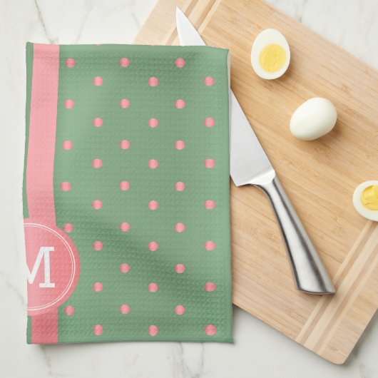 Monogram Sage Green en Coral Polka Dot Theedoek (Quarter Fold)