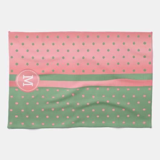 Monogram Sage Green en Coral Polka Dot Theedoek (Horizontaal)