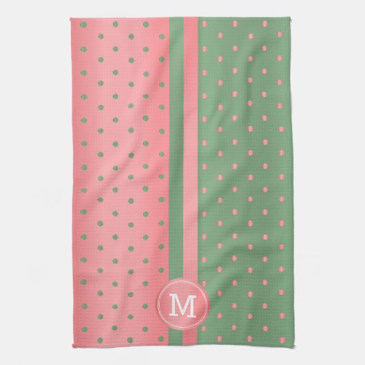 Monogram Sage Green en Coral Polka Dot Theedoek (Verticaal)