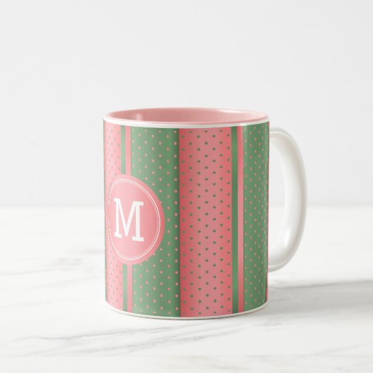 Monogram Sage Green en Coral Polka Dots Tweekleurige Koffiemok (Voorkant rechts)