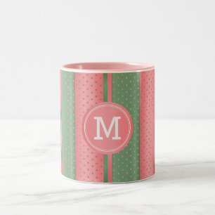 Monogram Sage Green en Coral Polka Dots Tweekleurige Koffiemok