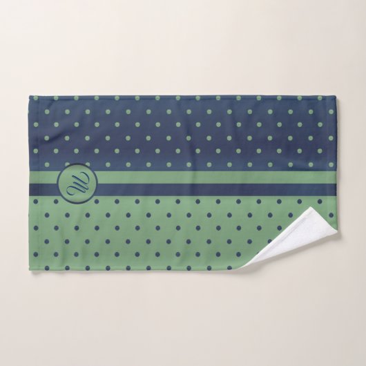 Monogram Sage Green en Slate Polka Dot Pattern Bad Handdoek (Handdoek)