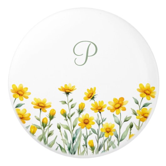 Monogram Sage Green en Yellow Wild Flowers Keramische Knop (Voorkant)