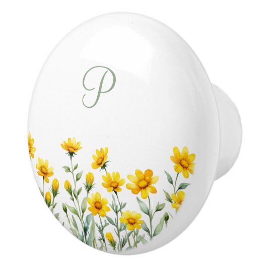 Monogram Sage Green en Yellow Wild Flowers Keramische Knop (Rechts)