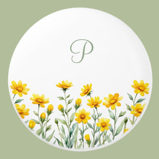 Monogram Sage Green en Yellow Wild Flowers Keramische Knop