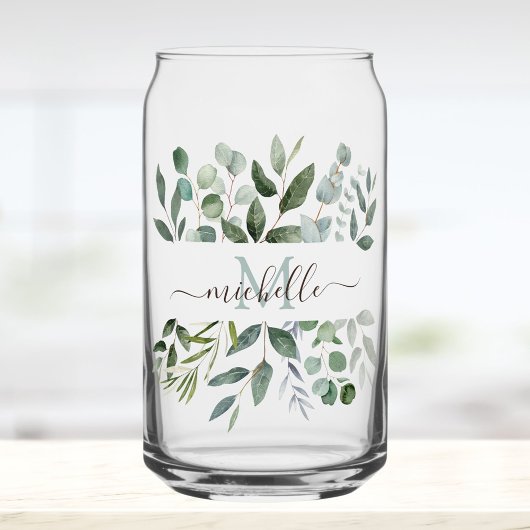 Monogram Sage Green Eucalyptus Greenery Leaves Blikvorm Glas