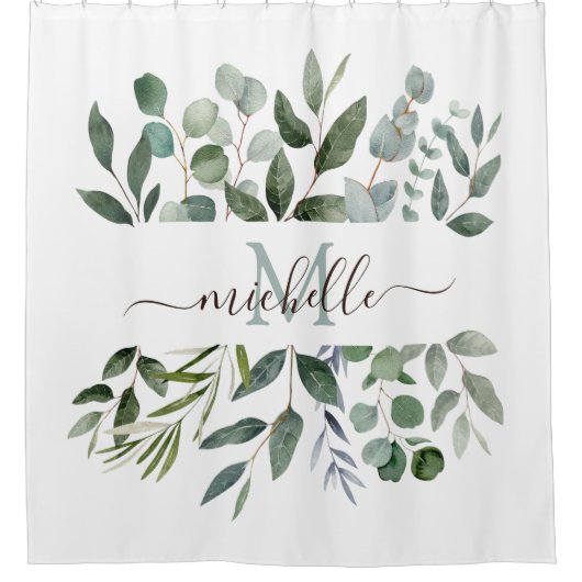 Monogram Sage Green Eucalyptus Greenery Leaves Douchegordijn (Voorkant)