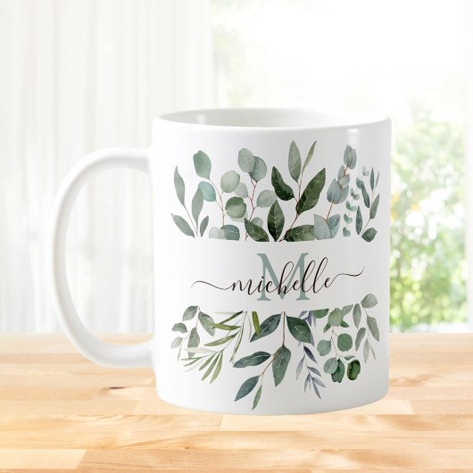 Monogram Sage Green Eucalyptus Greenery Leaves Koffiemok