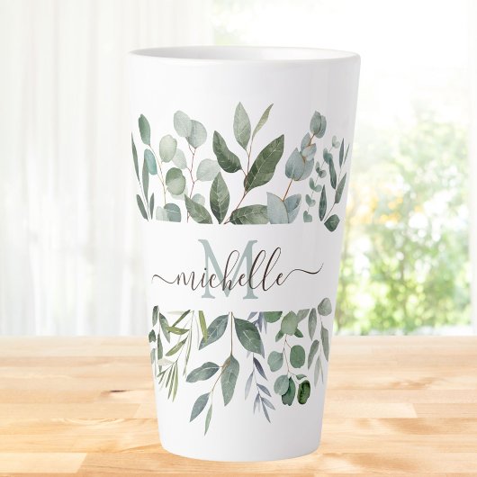 Monogram Sage Green Eucalyptus Greenery Leaves Latte Mok