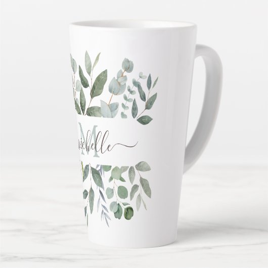 Monogram Sage Green Eucalyptus Greenery Leaves Latte Mok (Rechterhoek)