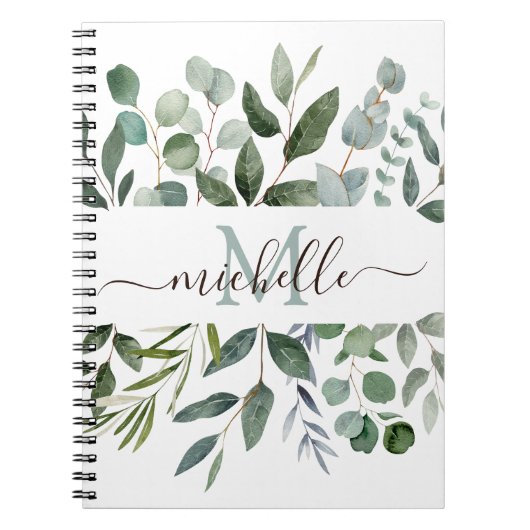 Monogram Sage Green Eucalyptus Greenery Leaves Notitieboek (Voorkant)