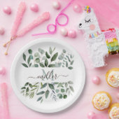 Monogram Sage Green Eucalyptus Greenery Leaves Papieren Bordje (Feest)