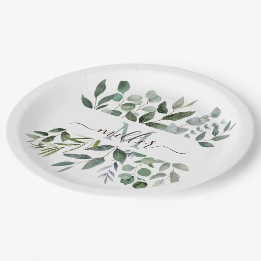 Monogram Sage Green Eucalyptus Greenery Leaves Papieren Bordje (Gekanteld)
