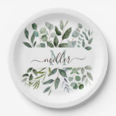 Monogram Sage Green Eucalyptus Greenery Leaves Papieren Bordje (Voorkant)