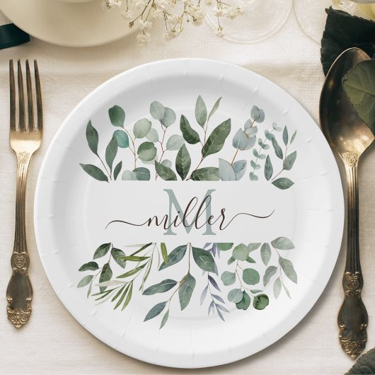 Monogram Sage Green Eucalyptus Greenery Leaves Papieren Bordje