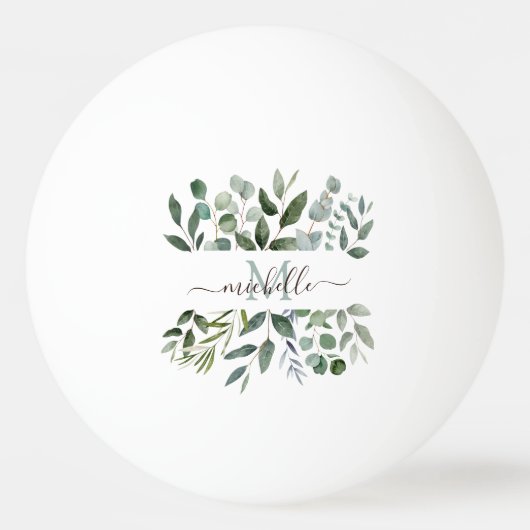 Monogram Sage Green Eucalyptus Greenery Leaves Pingpongbal (Achterkant)