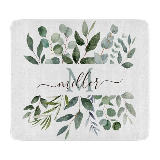 Monogram Sage Green Eucalyptus Greenery Leaves Snijplank (Voorkant)
