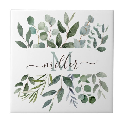 Monogram Sage Green Eucalyptus Greenery Leaves Tegeltje (Voorkant)