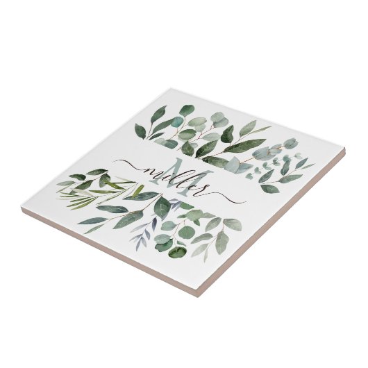Monogram Sage Green Eucalyptus Greenery Leaves Tegeltje (Zijkant)