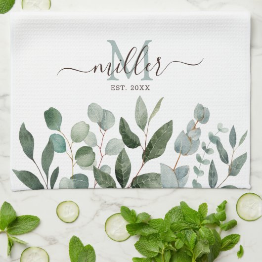 Monogram Sage Green Eucalyptus Greenery Leaves Theedoek (Gevouwen)
