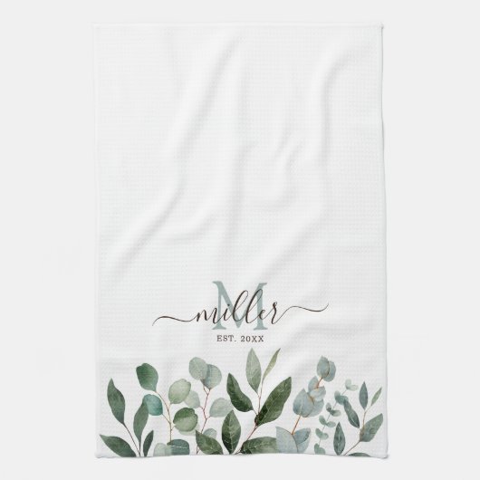 Monogram Sage Green Eucalyptus Greenery Leaves Theedoek (Verticaal)
